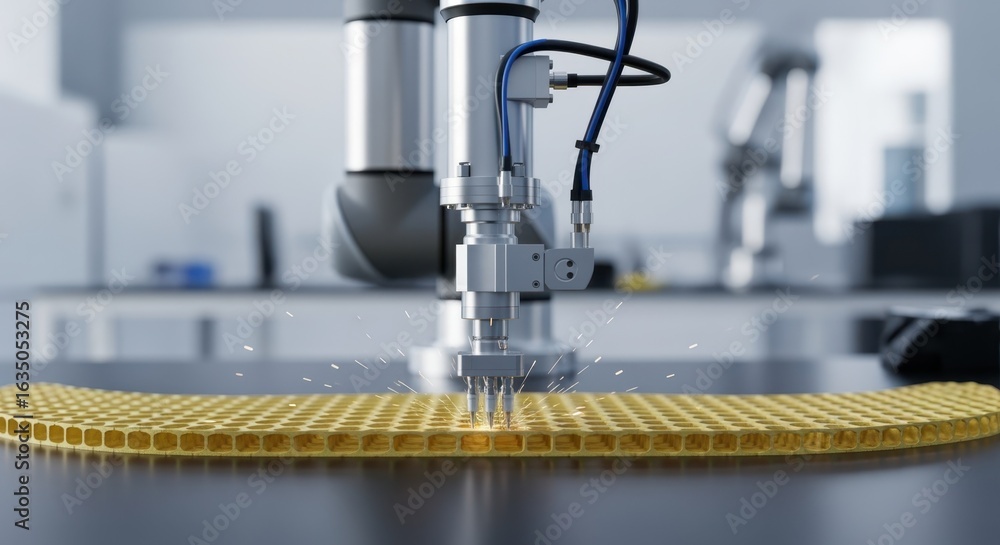Poster robotic arm equipped with specialized end effector executing bonding tasks on honeycomb core aerospa
