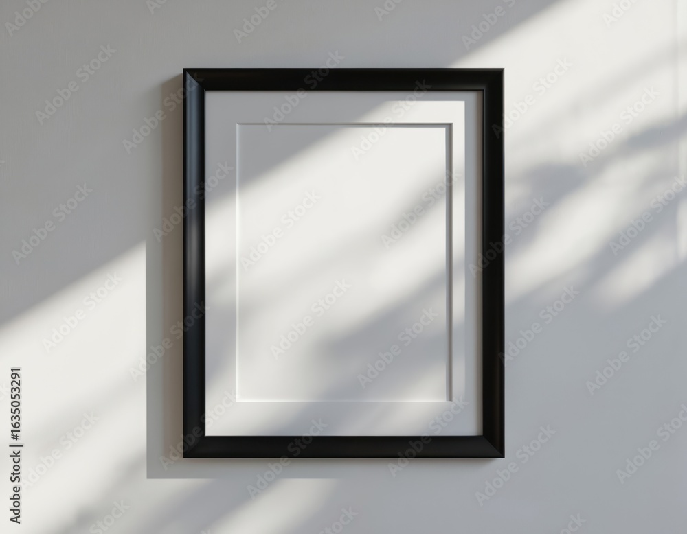 Poster rectangular black picture frame hangs on clean white wall. empty blank matting inside frame is ready