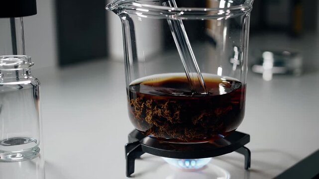 detailed 4K macro clip of cannabis buds being simmered and stirred in dark hemp oil during the extraction process emphasizing texture and color in a medicinal or herbal preparation theme