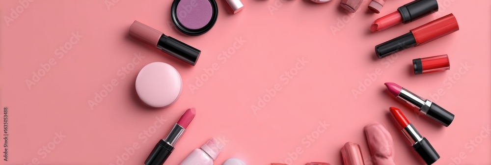 Poster cosmetics elegantly arranged in a circular layout on a soft matte background with an empty center sp