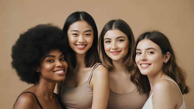 group of diverse young women posing on beige background