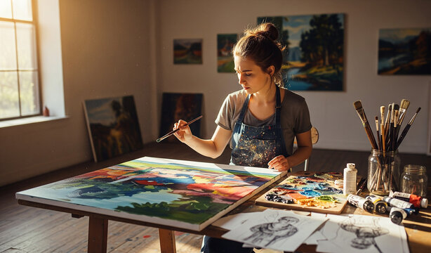 Young female artist painting on large canvas in sunlight studio