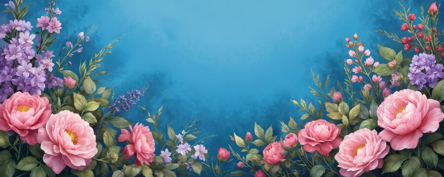 Illustration features pink, purple floral border on blue background. Vibrant flowers with green leaves create romantic arrangement. Perfect for cards, invitations, decorations, spring summer themes.