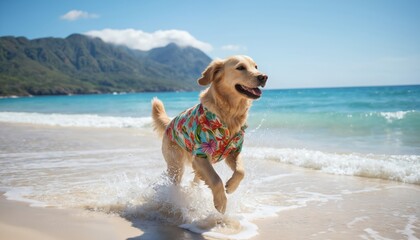 Golden retriever dog wearing Hawaiian shirt runs on wet sandy beach. Dog splashes ocean water. Sunny day, clear blue sky. Tropical island landscape, rich green mountains in background.