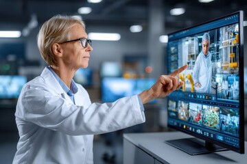 Focused scientist supervises a complex industrial process on a modern display.