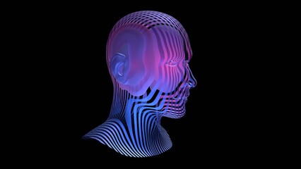 Profile of human face made of contour lines. Human head made of cross sectional sliced segments. Man's face made of strips, slices. 3d render illustration.