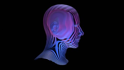 Profile of human face made of contour lines. Human head made of cross sectional sliced segments. Man's face made of strips, slices. 3d render illustration.
