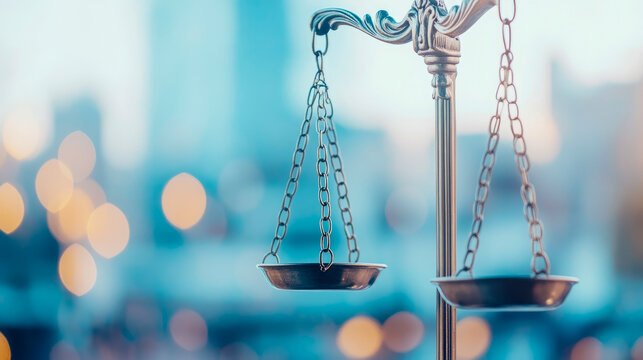 Antique brass balance scales symbolizing justice and equilibrium, presented against dreamlike, blurred urban backdrop with soft bokeh lights.