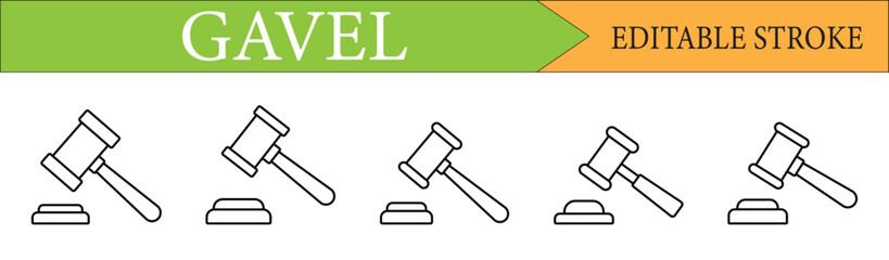  Judge's Gavel and Auction Hammer Line Icon Set