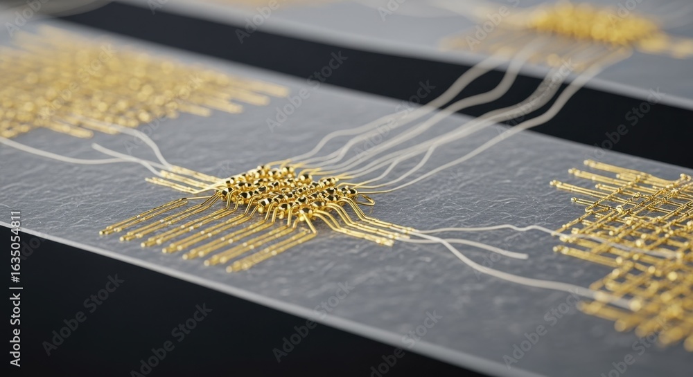 Poster microscopic image of goldplated microelectrodes bonded on flexible neural interface film for brainco