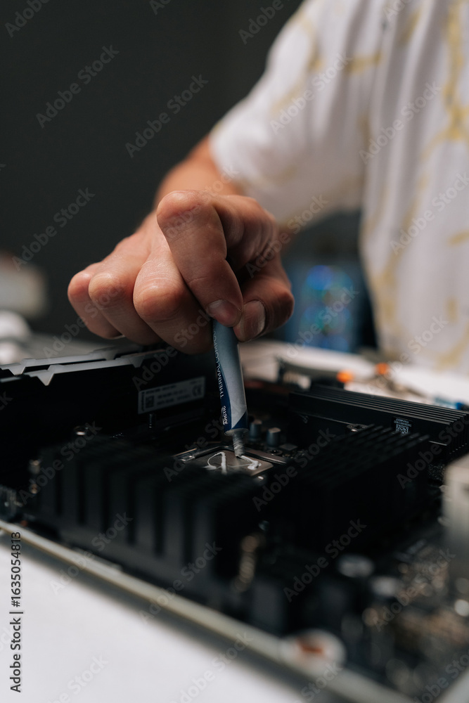 Poster vertical cropped shot technician applying thermal paste to cpu of computer motherboard, demonstratin