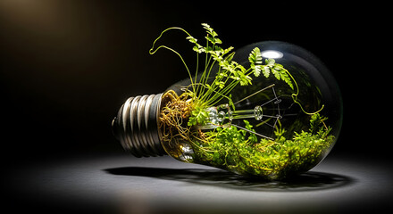 Light Bulb Filled with Green Plant Growing Inside, Innovation and Sustainability Concept