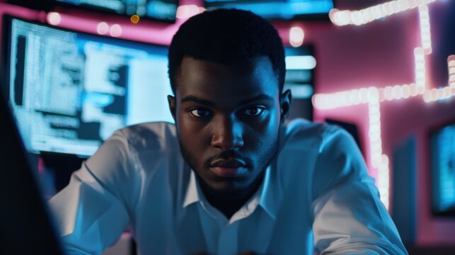 Focused programmer amidst glowing monitors creates immersive atmosphere