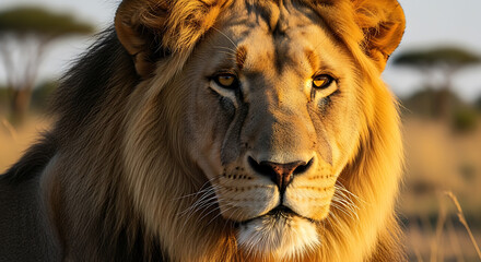 Close-up Portrait of Lion Face with Detailed Mane in Golden Hour Lighting with Blurred Savanna Background
