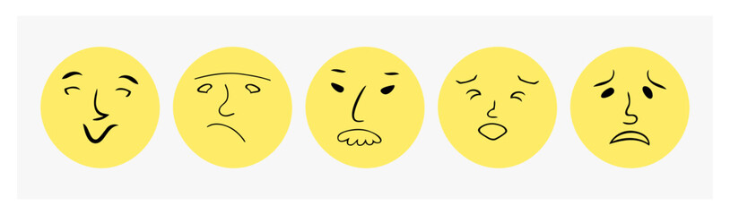 Set comic faces round abstract various emotions. Drawing with pen, liner. Cartoon flat design