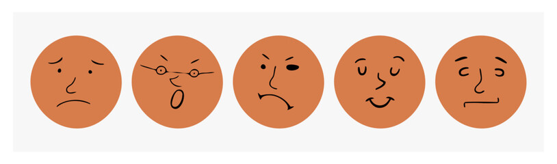 Round comic faces with various emotions. Drawing with pen, liner. Cartoon style.