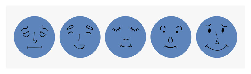 Abstract facial images, various emotions, comic faces.Drawing with pen, liner. Cartoon flat design