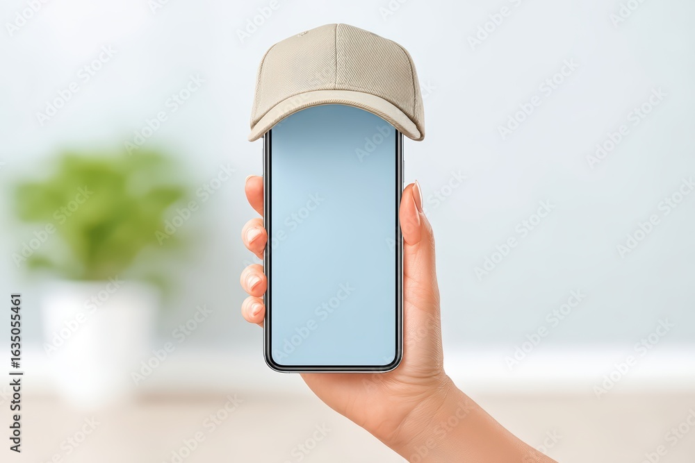 Poster hand holding smartphone with empty display and cap