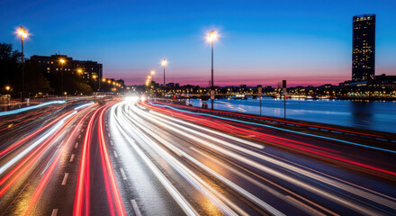 Vibrant city lights streak across a highway at dusk creating a mesmerizing blur of motion