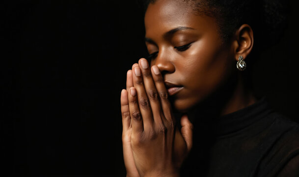 African American woman prays with hands clasped. Close-up portrait focuses on face, hands, conveying deep faith, hope. Eyes closed in spiritual devotion, possibly expressing gratitude seeking divine