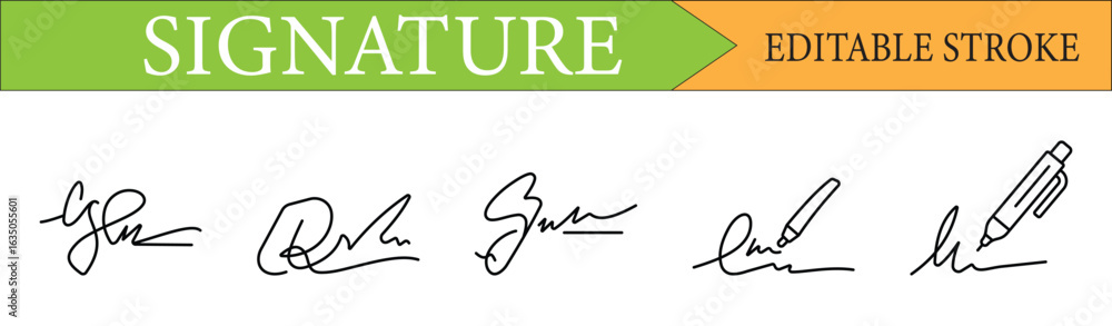 Poster editable stroke signature and autograph line icons