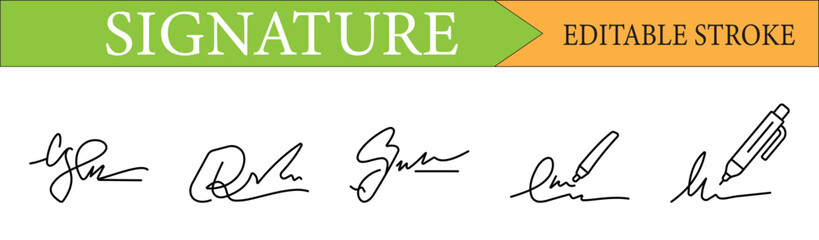 Editable Stroke Signature and Autograph Line Icons