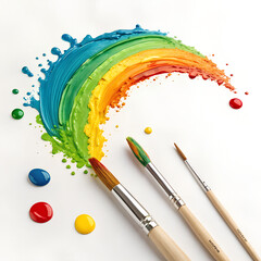 Paintbrushes Creating a Vibrant Rainbow Splash on White Background