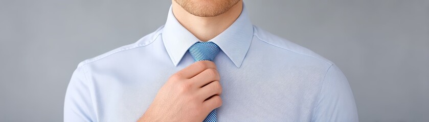 Man Adjusting Light Blue Tie with Formal Dress Shirt