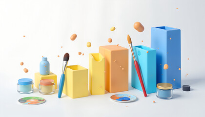 3D Render of Creative Art Supplies and Abstract Shapes on a White Background