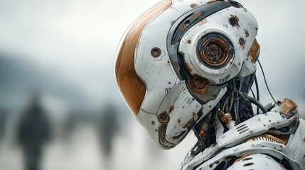 Fototapeta premium Advanced humanoid robot close-up, futuristic metallic design and engineering