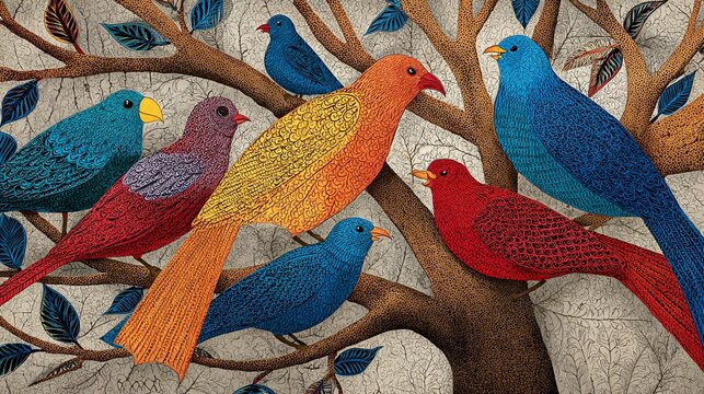 Vibrant Traditional Gond Folk Art: Colorful Cultural Heritage Illustration