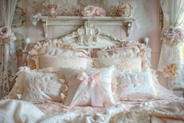 A luxurious bedroom is adorned with an ornate, pink and white bed featuring an abundance of layered pillows and decorative rose accents, creating a romantic and dreamy atmosphere.