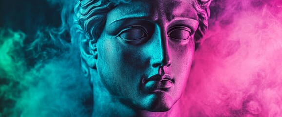 A retro vaporwave background serves as the setting for a purple pink antique sculpture in this contemporary art collage piece