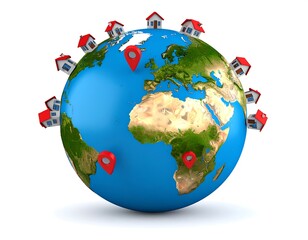Globe with small houses and location markers