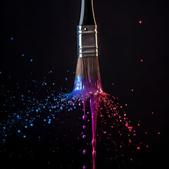 Paintbrush with Splashing Blue and Pink Paint on a Dark Background