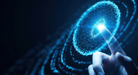 Human finger interacts with glowing blue digital fingerprint and futuristic data visualization