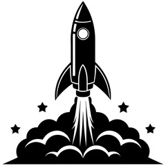 Black silhouette of a rocket launching with smoke and stars space spaceship