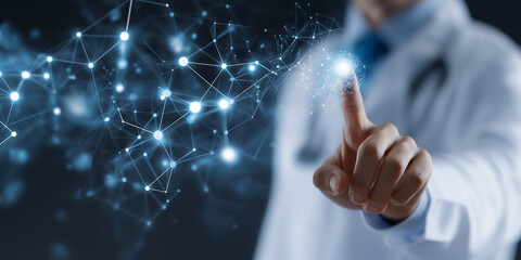 Doctor using digital health interface to manage patient records, smart medical app, cloud-based data, AI diagnostics, and secure workflow in connected modern healthcare system