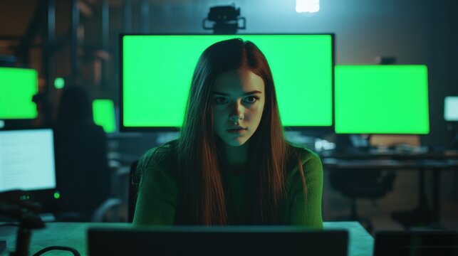 Intense young woman coding in a high tech workspace with green screen monitors