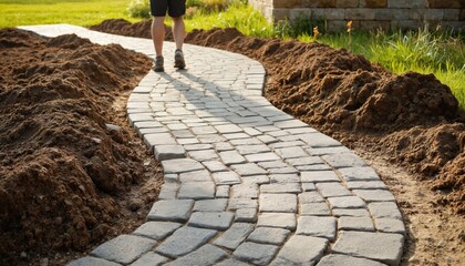 Winding paver stone pathway under construction during home renovation. Person walks on unfinished stone walkway. Landscaping project with soil mounds, new brick path, and green grass in yard.