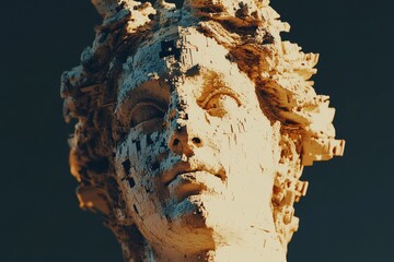 A contemporary art poster featuring a modern creative colored graphic sculpture set against a dark background, with digital texture and an antique statue head in glitch style, presents a funky and