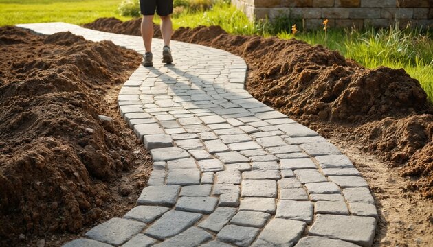 Winding paver stone pathway under construction during home renovation. Person walks on unfinished stone walkway. Landscaping project with soil mounds, new brick path, and green grass in yard.