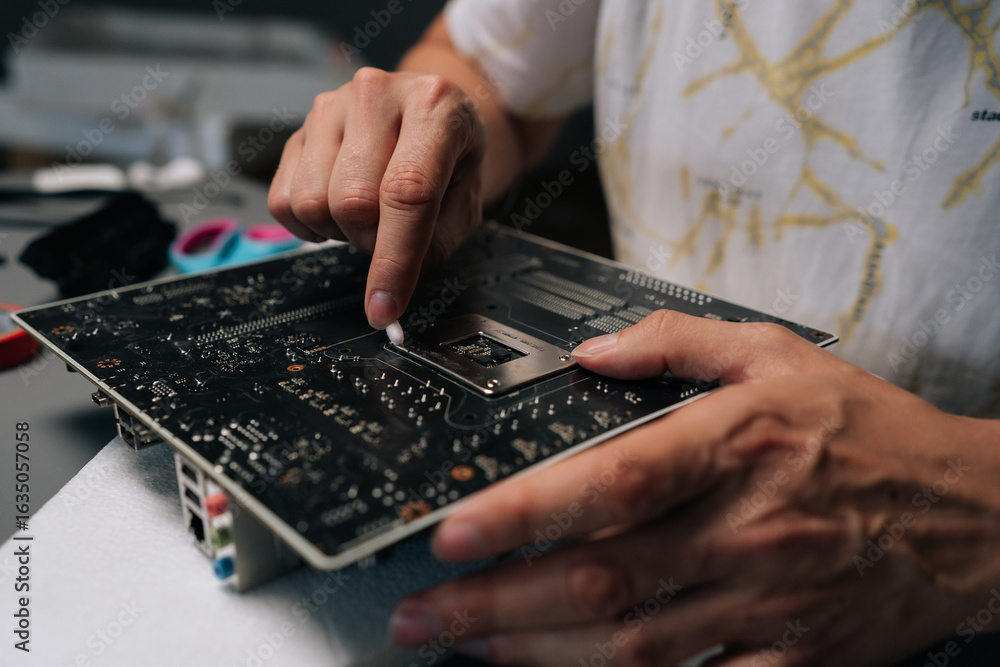 Poster close-up of technician hands removing thermal paste from cpu of computer motherboard, demonstrating 