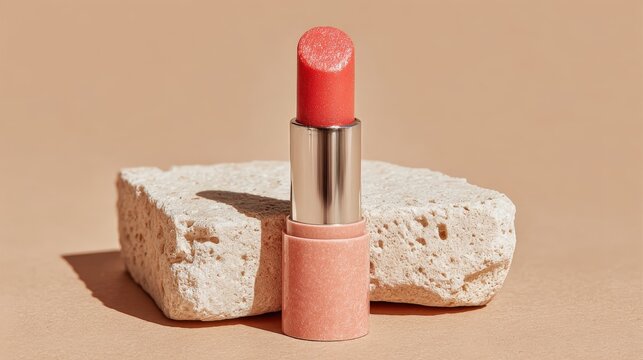 Pastel-pink lip balm stick with SPF15 on white ceramic tile in bright lighting