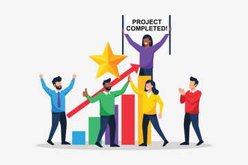 Vector illustration of a team celebrating project completion with a success chart and a demonstration of enthusiastic teamwork