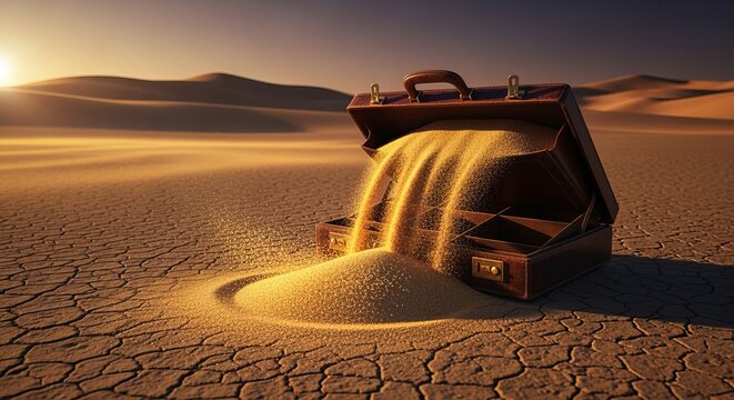 Briefcase leaking golden sand in desert, symbol of lost time as currency in pursuit of success