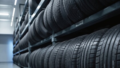 Neatly arranged new automobile tires on metal racks inside warehouse. Rubber texture and tread pattern visible under soft light. Pro automotive environment, clean and ordered supply.