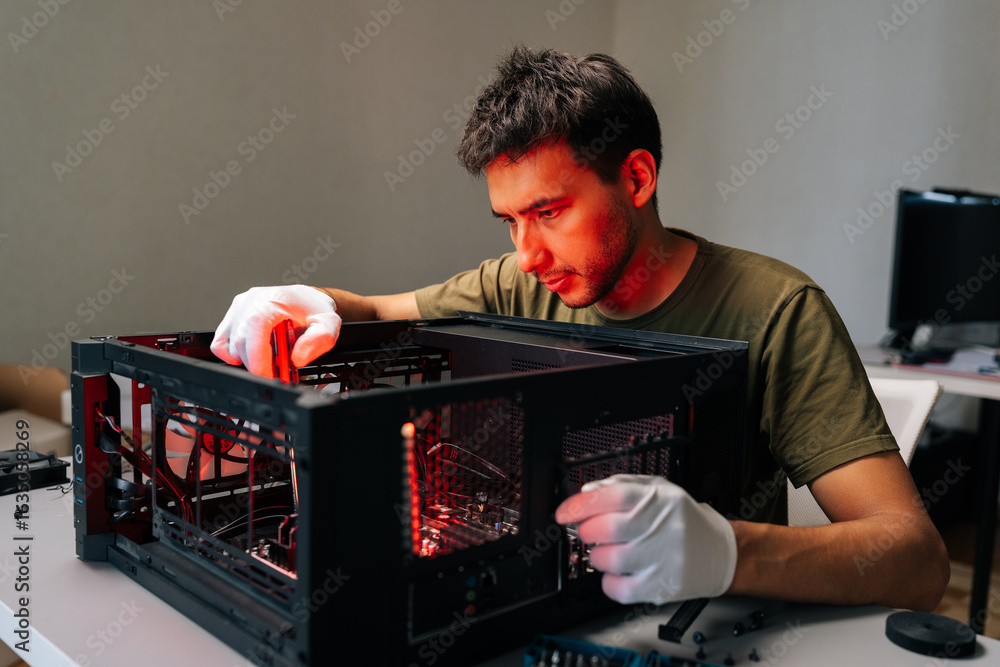 Fototapete computer technician wearing protective white gloves carefully installing internal hardware component