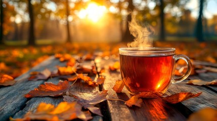 On a wooden bench, a glass of hot spiced tea made from apple fruit and flavored with cinnamon sticks emits steam, with a scenic autumn park serving as the outdoor background