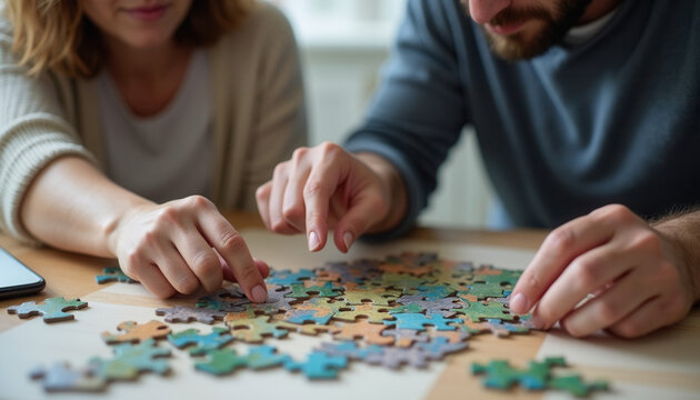 Couple assembling jigsaw puzzle together at home on wooden table  